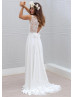 Ivory Lace Chiffon Slit Back Airy Wedding Dress